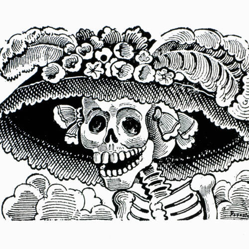 Image is of a catrina, which means well dressed skeleton figure in the Day of the Dead style. It is only the bust of the skeleton and most of the image is taken up by a large hat with flowers on top.